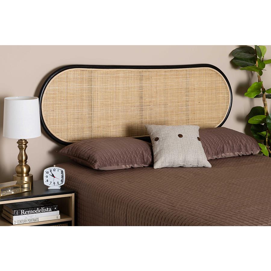 Bohemian Two-Tone Black and Natural Brown Rattan Queen Size Standalone Headboard. Picture 6