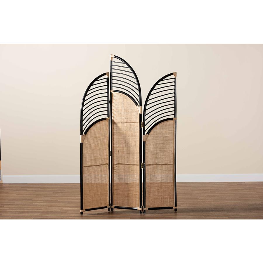 Bohemian Two-Tone Black and Natural Brown Rattan Room Divider. Picture 4