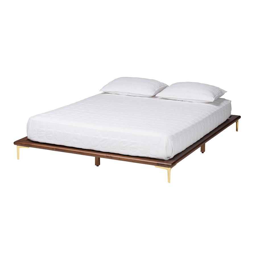 Transitional Walnut Brown Finished Wood and Gold Metal King Size Bed Frame. Picture 1