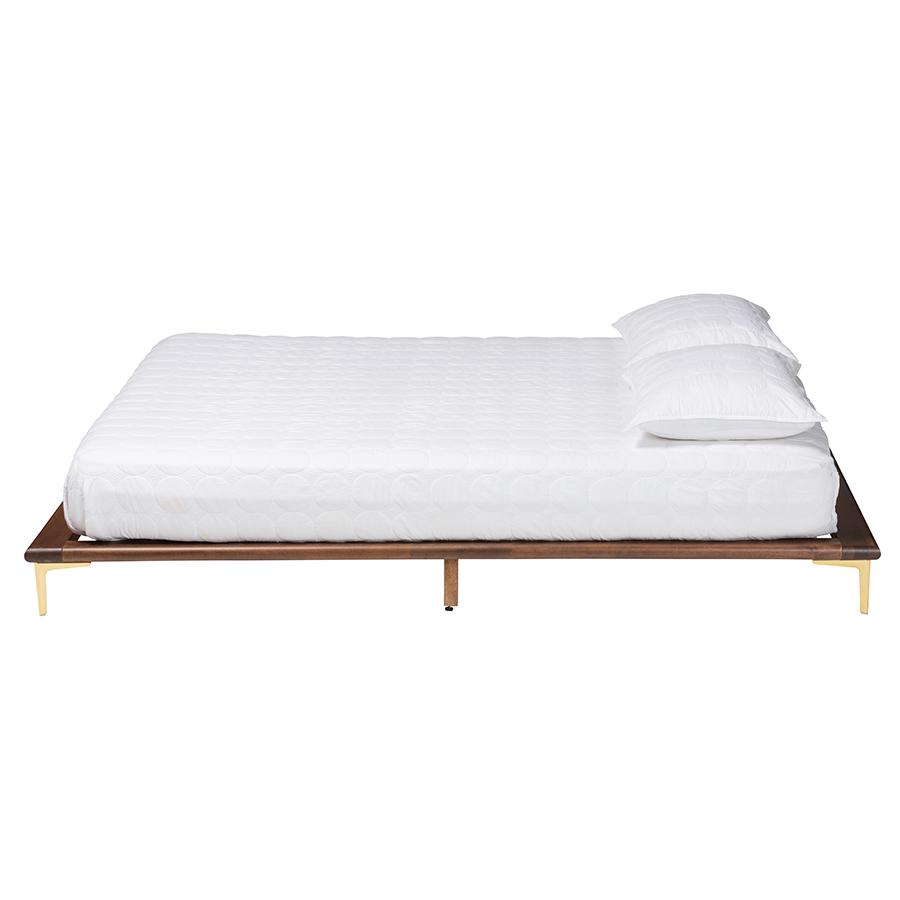 Transitional Walnut Brown Finished Wood and Gold Metal King Size Bed Frame. Picture 2