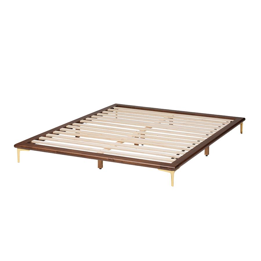 Transitional Walnut Brown Finished Wood and Gold Metal King Size Bed Frame. Picture 3