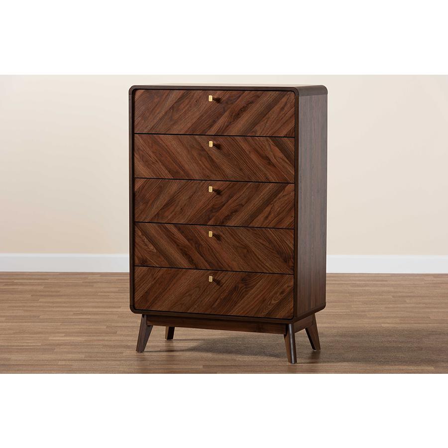 Transitional Walnut Brown Finished Wood 5-Drawer Storage Chest. Picture 9
