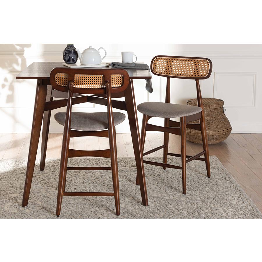 Grey Fabric and Walnut Brown Finished Wood 2-Piece Counter Stool Set. Picture 7