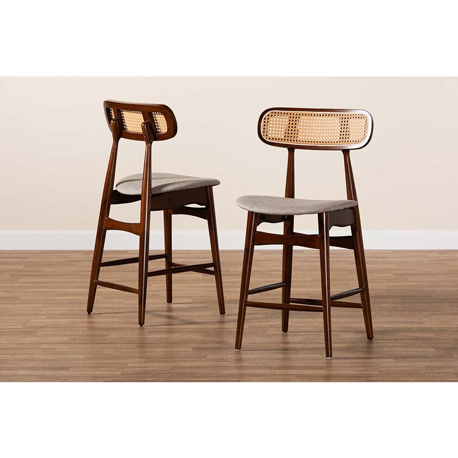 Grey Fabric and Walnut Brown Finished Wood 2-Piece Counter Stool Set. Picture 8
