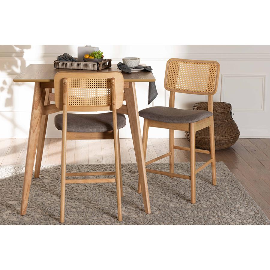 Grey Fabric and Natural Oak Finished Wood 2-Piece Counter Stool Set. Picture 7