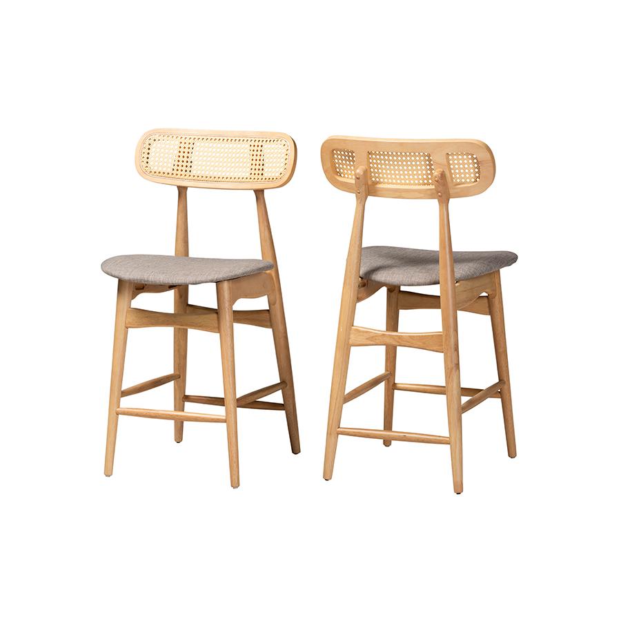 Grey Fabric and Natural Oak Finished Wood 2-Piece Counter Stool Set. Picture 1