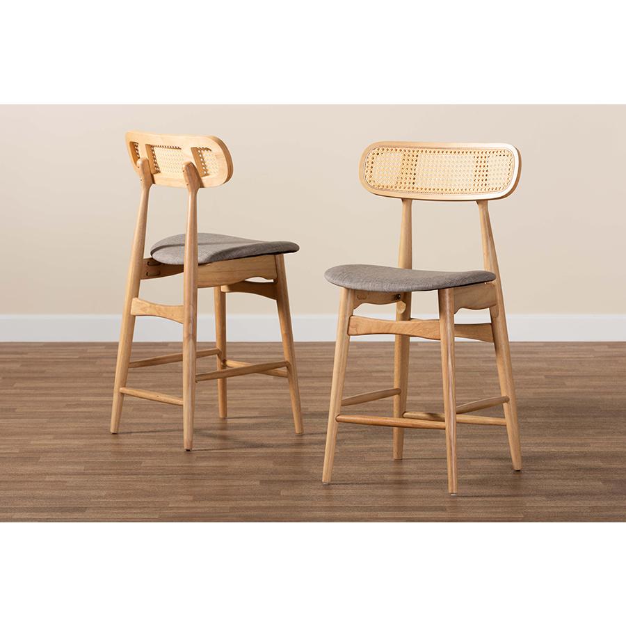 Grey Fabric and Natural Oak Finished Wood 2-Piece Counter Stool Set. Picture 8