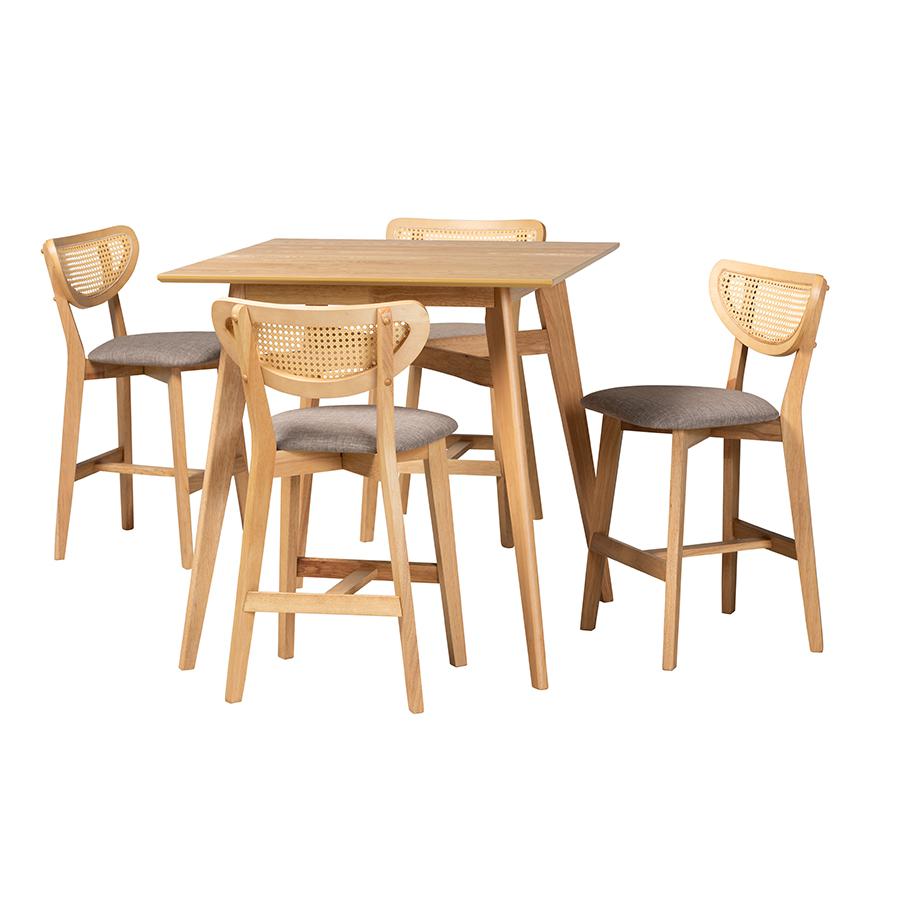 Grey Fabric and Natural Oak Finished Wood 5-Piece Pub Set. Picture 1