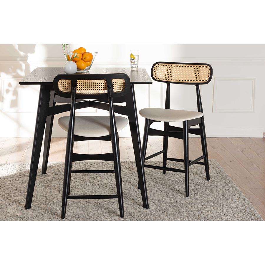 Cream Fabric and Black Finished Wood 2-Piece Counter Stool Set. Picture 7