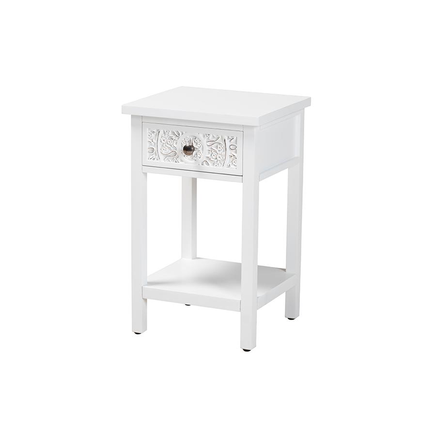Yelena Classic and Traditional White Finished Wood 1-Drawer End Table. Picture 1