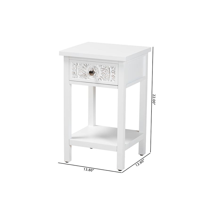 Yelena Classic and Traditional White Finished Wood 1-Drawer End Table. Picture 10
