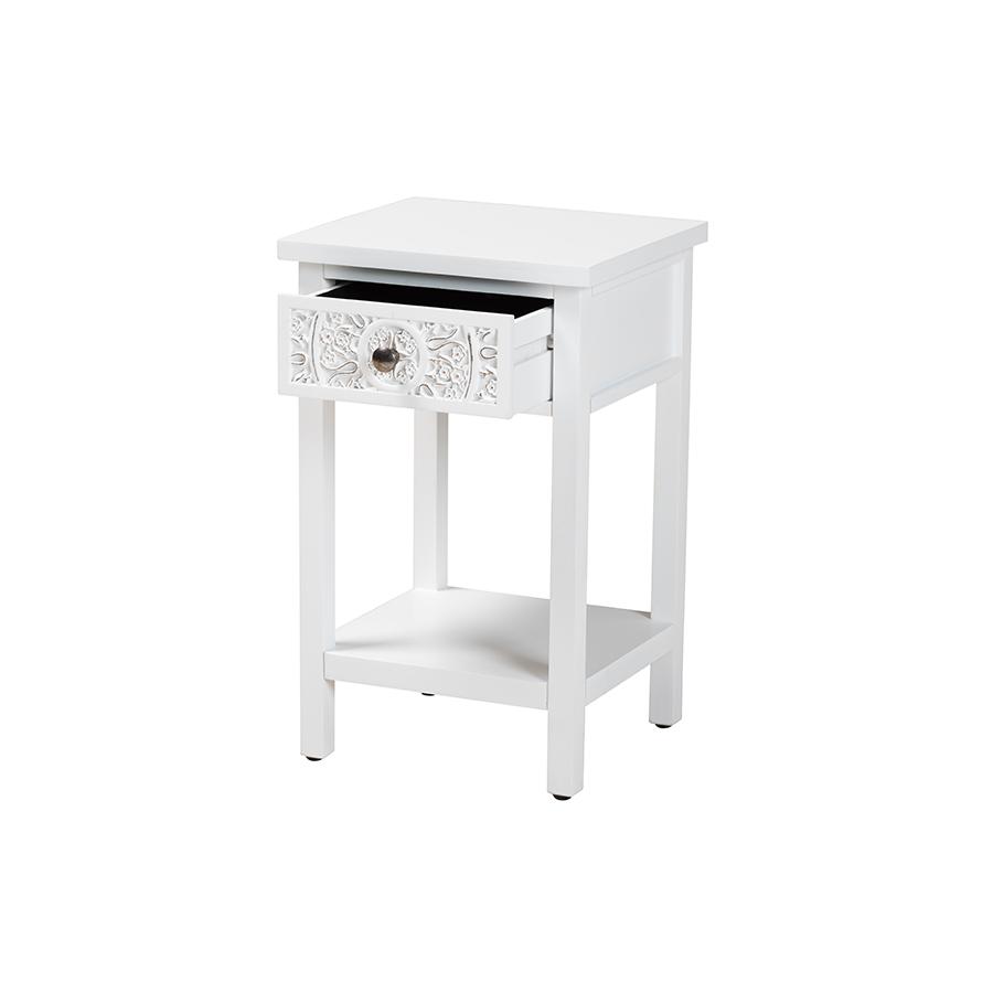 Yelena Classic and Traditional White Finished Wood 1-Drawer End Table. Picture 2