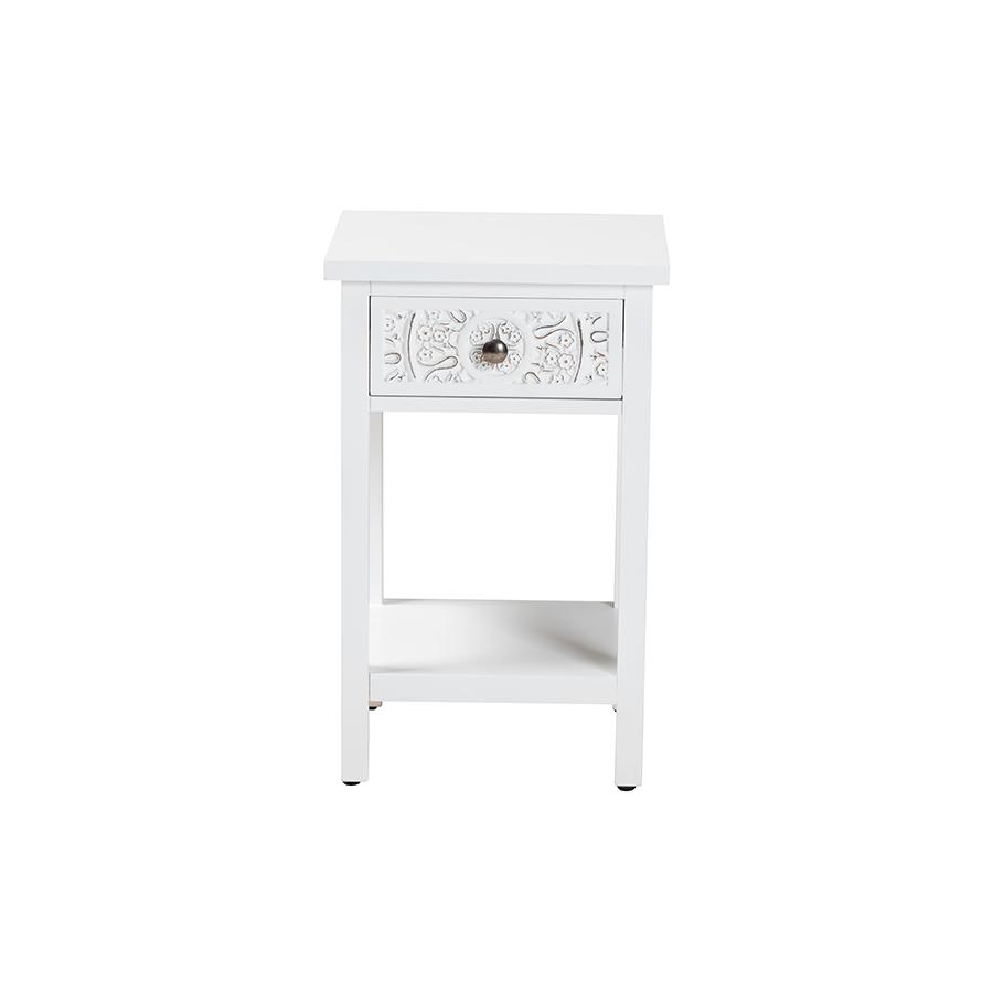 Yelena Classic and Traditional White Finished Wood 1-Drawer End Table. Picture 3