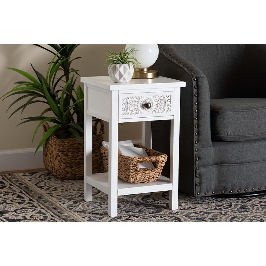 Yelena Classic and Traditional White Finished Wood 1-Drawer End Table. Picture 8