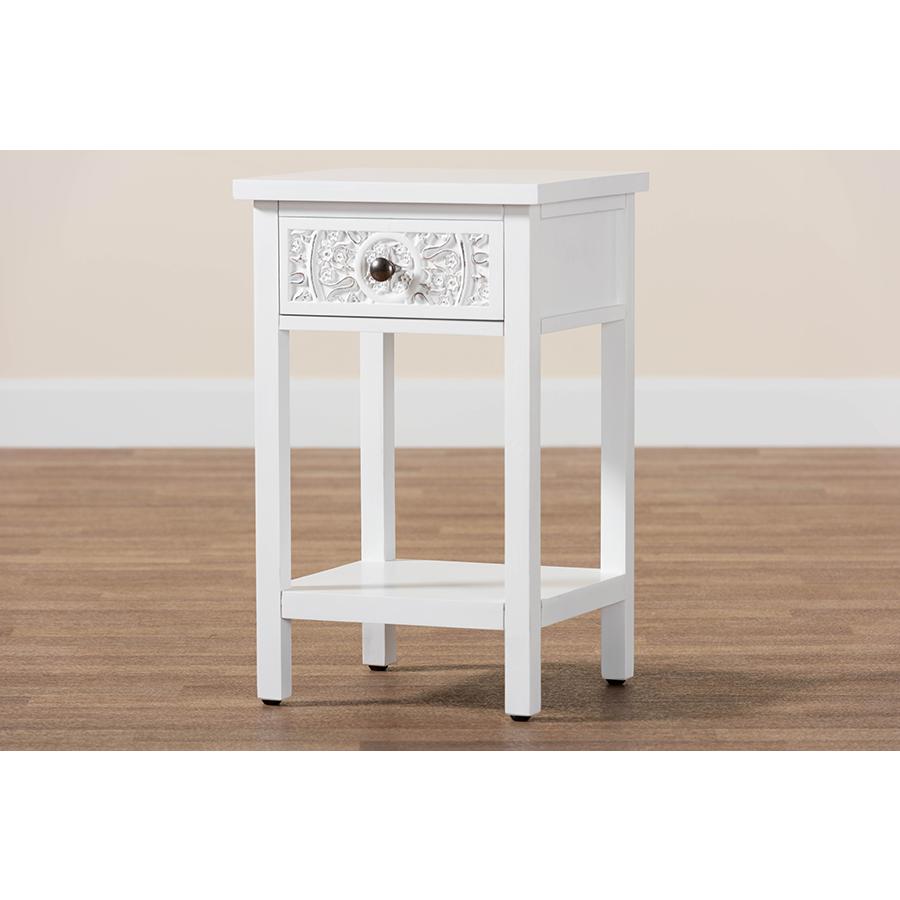 Yelena Classic and Traditional White Finished Wood 1-Drawer End Table. Picture 9