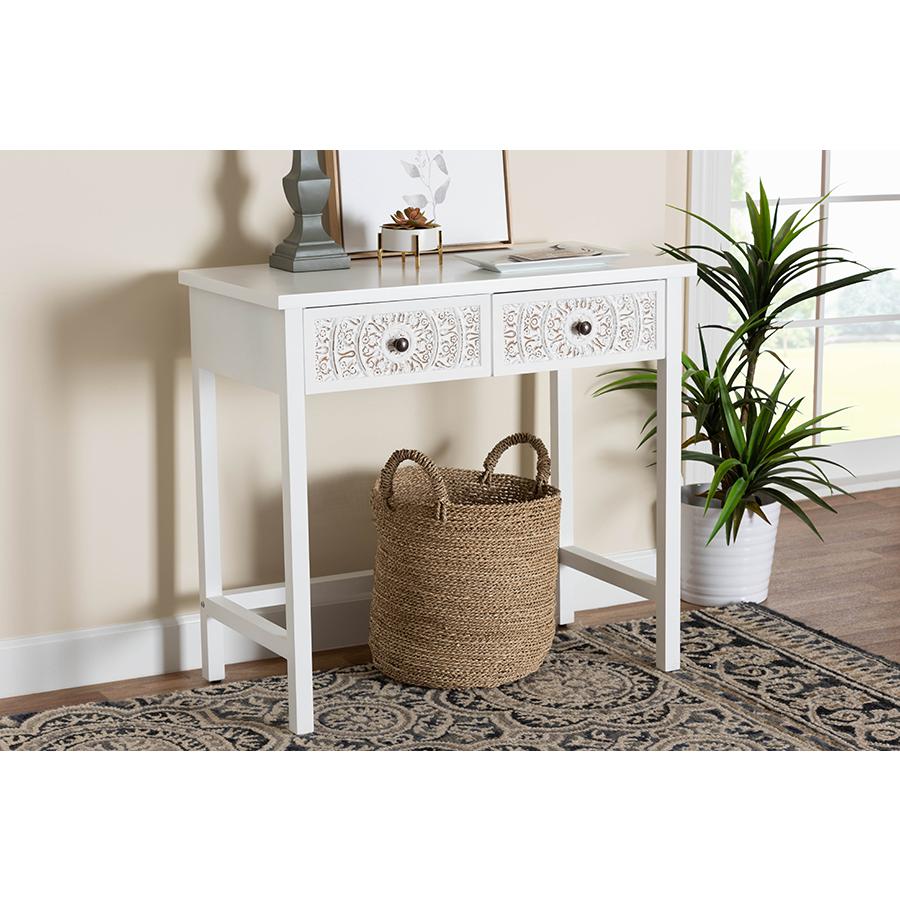 Yelena Classic and Traditional White Finished Wood 2-Drawer Console Table. Picture 8