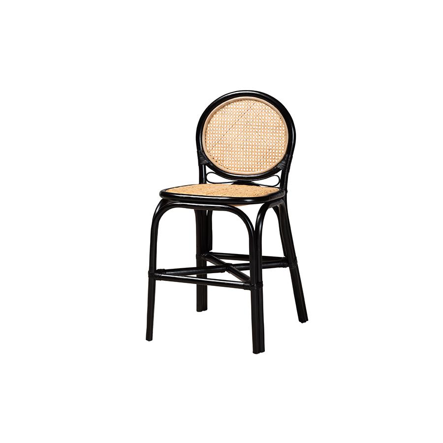 Two-Tone Black and Natural Brown Rattan Counter Stool. Picture 1