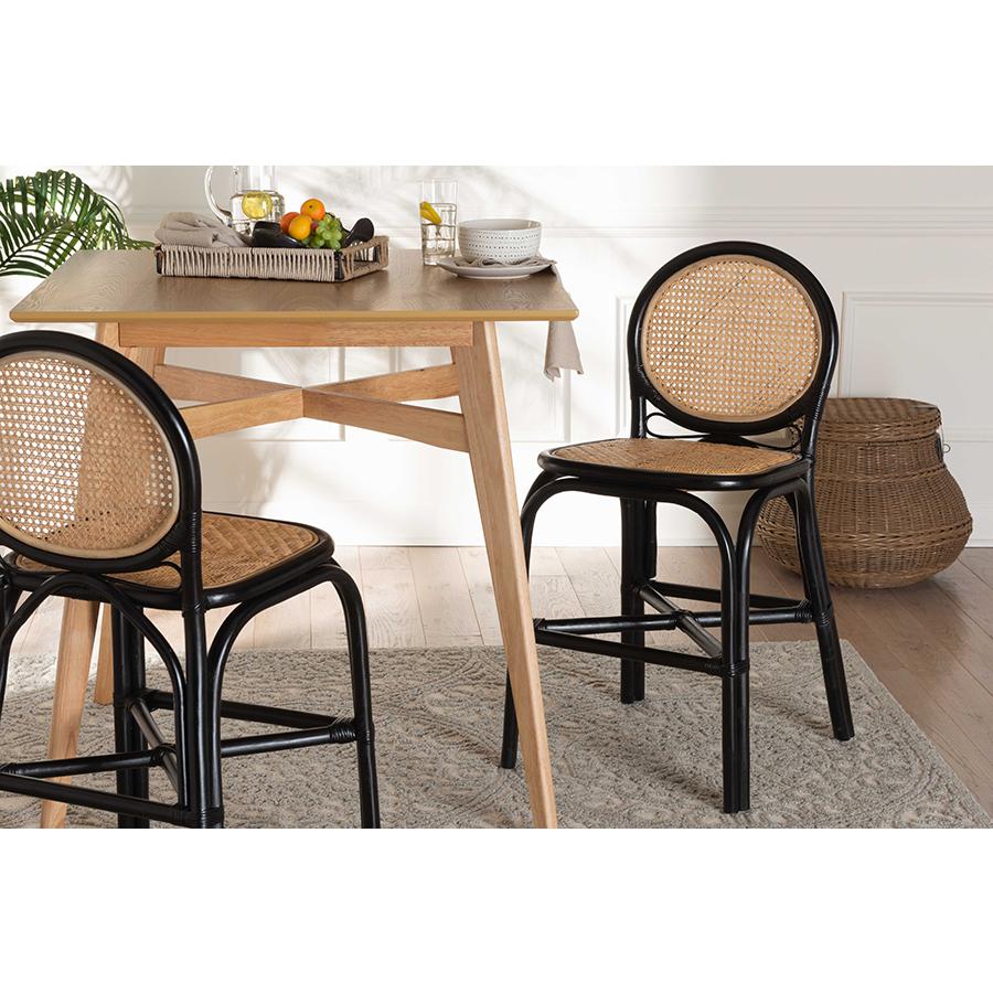 Two-Tone Black and Natural Brown Rattan Counter Stool. Picture 8