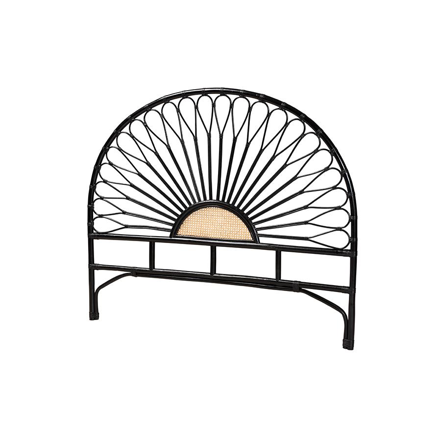 Bohemian Two-Tone Black and Natural Brown Rattan King Size Standalone Headboard. Picture 1