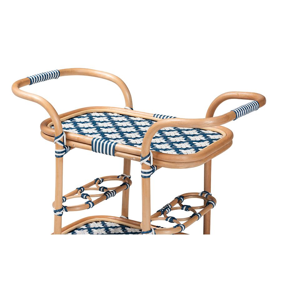 Bohemian Blue and White Weaving and Natural Rattan Wine Cart. Picture 4