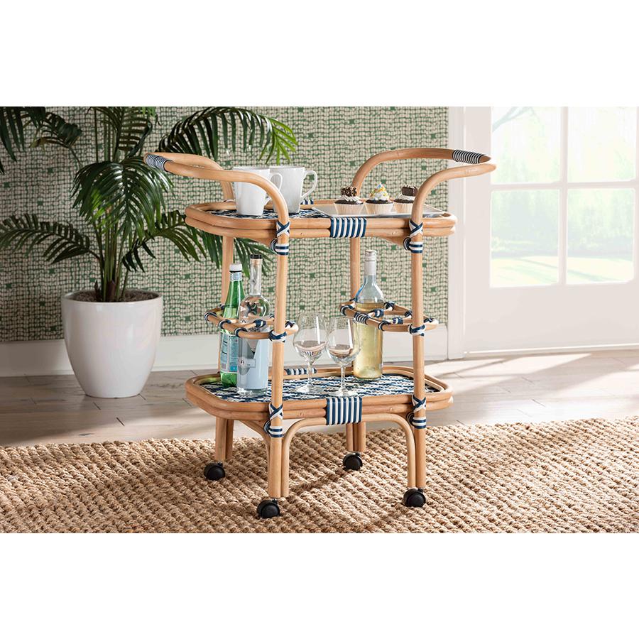 Bohemian Blue and White Weaving and Natural Rattan Wine Cart. Picture 8
