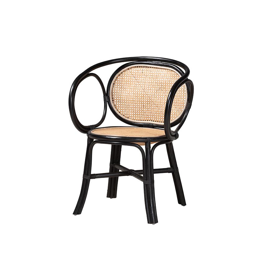 Bohemian Two-Tone Black and  Natural Brown Rattan Dining Chair. Picture 1