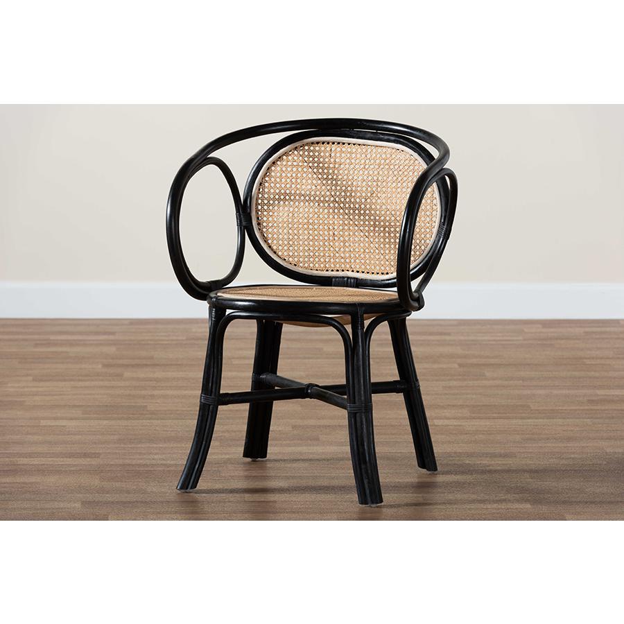 Bohemian Two-Tone Black and  Natural Brown Rattan Dining Chair. Picture 9