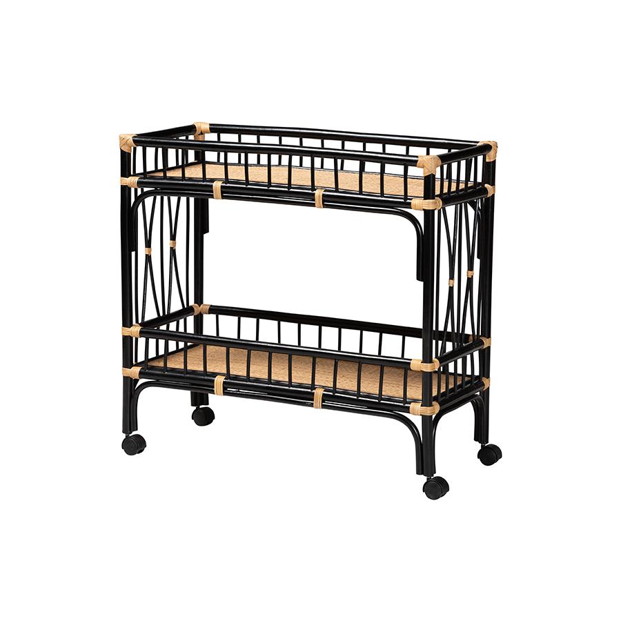 Bohemian Two-Tone Black and Natural Brown Rattan 2-Tier Kitchen Cart. Picture 1