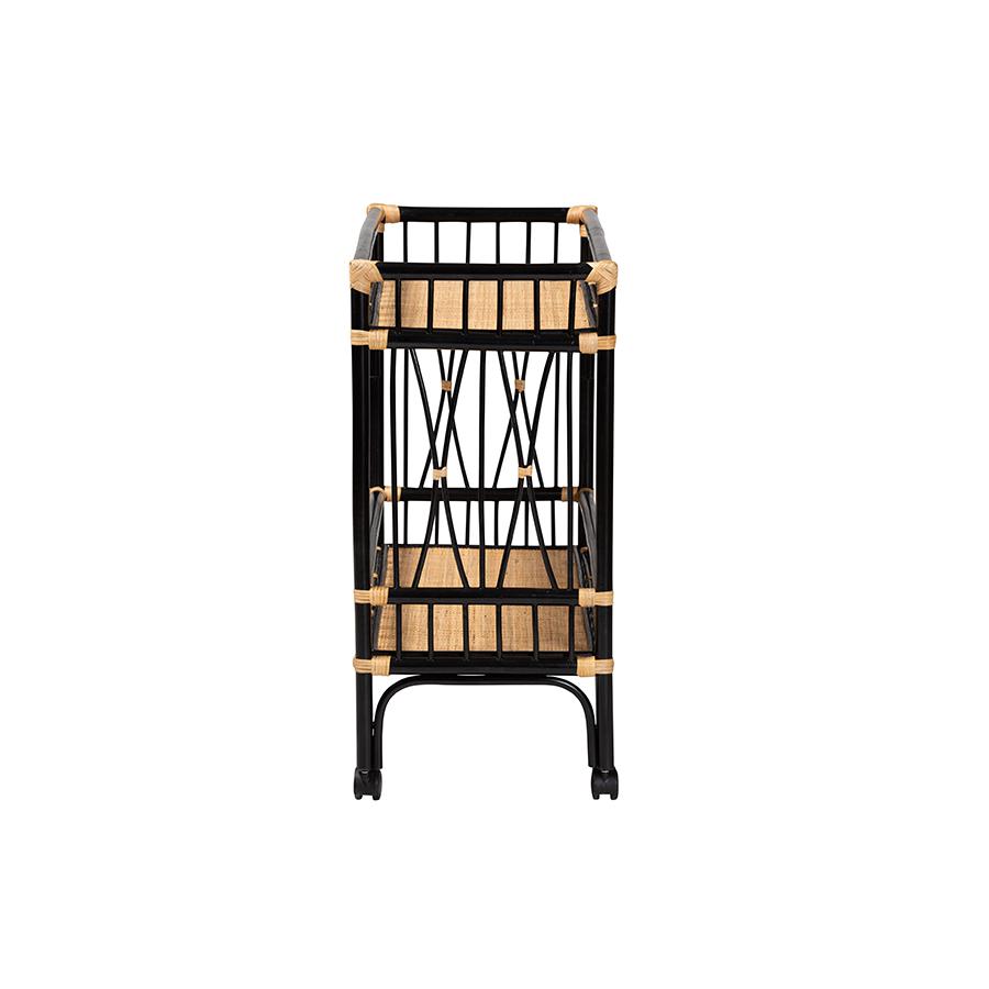 Bohemian Two-Tone Black and Natural Brown Rattan 2-Tier Kitchen Cart. Picture 3