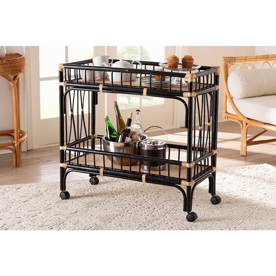 Bohemian Two-Tone Black and Natural Brown Rattan 2-Tier Kitchen Cart. Picture 6