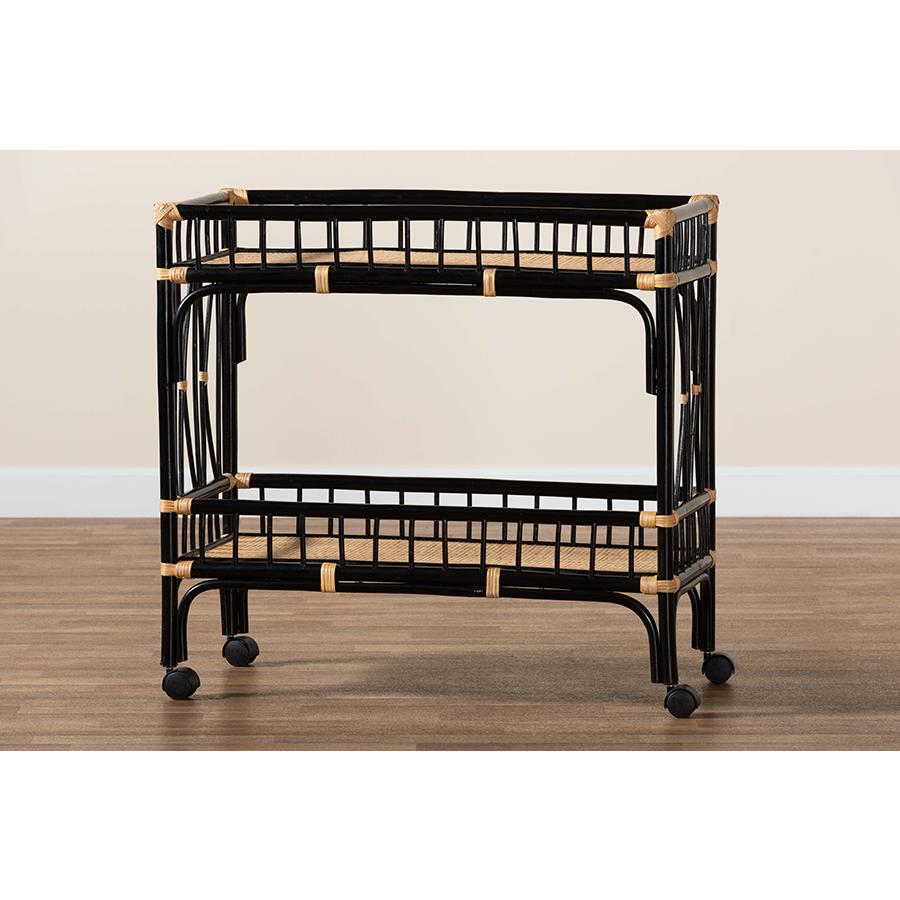 Bohemian Two-Tone Black and Natural Brown Rattan 2-Tier Kitchen Cart. Picture 7