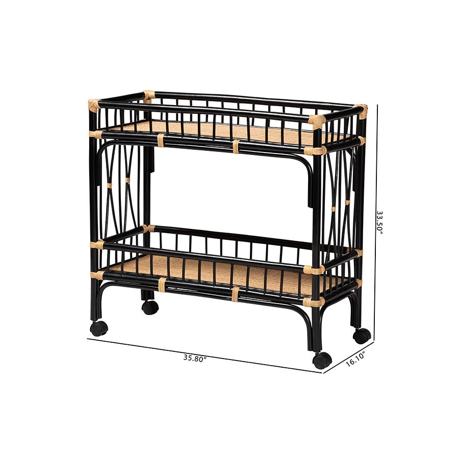 Bohemian Two-Tone Black and Natural Brown Rattan 2-Tier Kitchen Cart. Picture 8