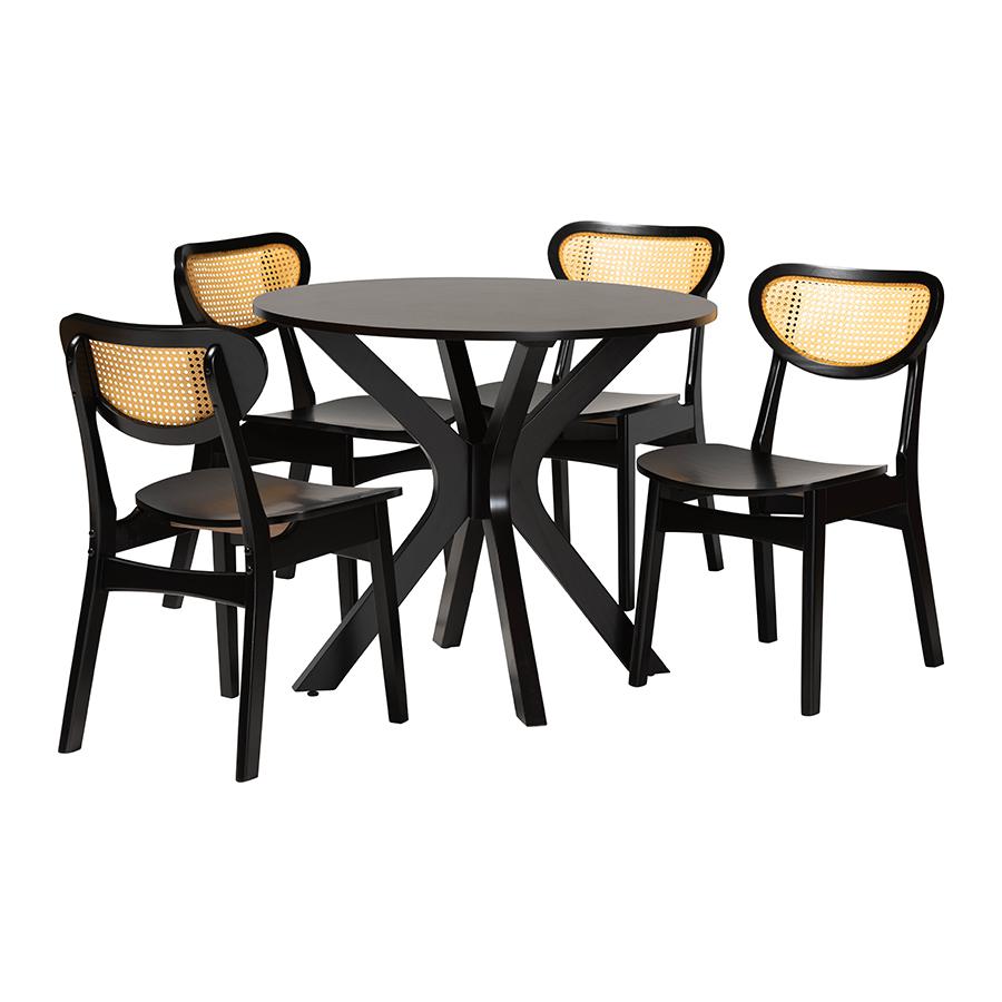 Dark Brown Finished Wood and Woven Rattan 5-Piece Dining Set. Picture 1