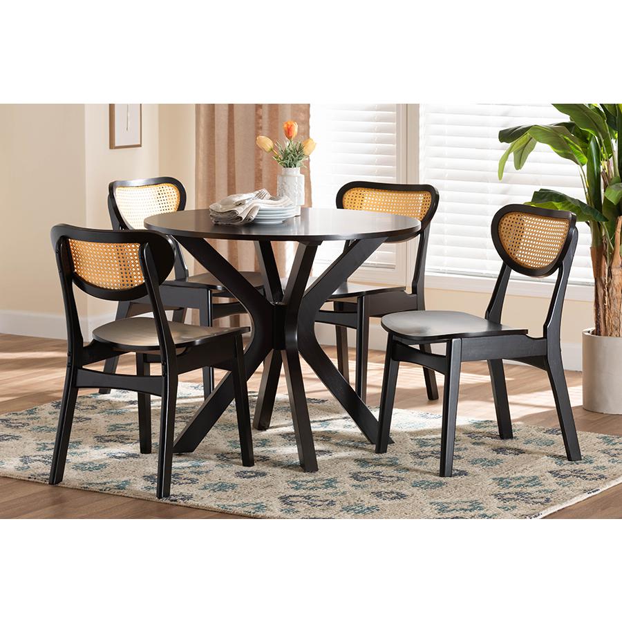 Dark Brown Finished Wood and Woven Rattan 5-Piece Dining Set. Picture 8