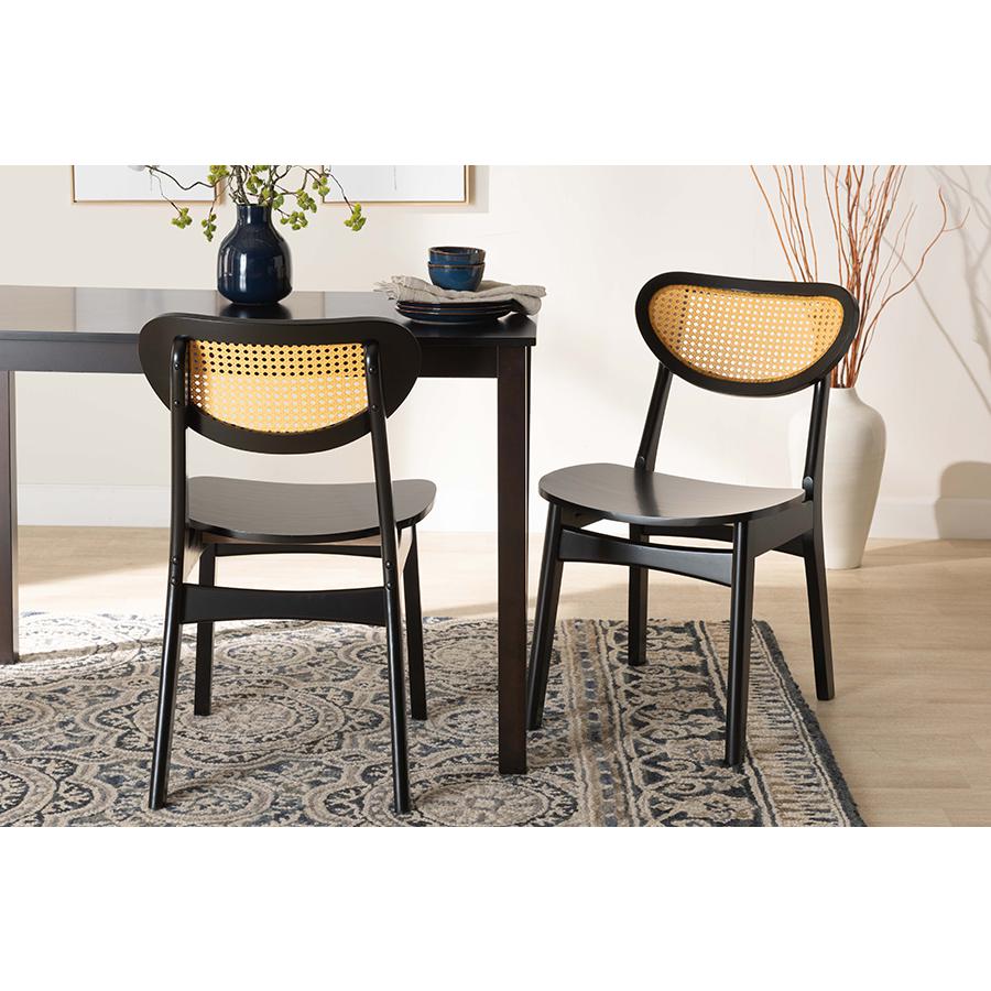 Dark Brown Finished Wood and Rattan 2-Piece Dining Chair Set. Picture 7