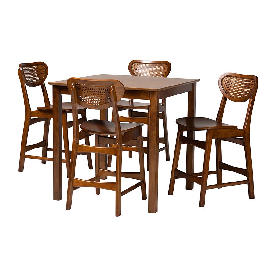 Hesper Mid-Century Modern Walnut Brown Finished Wood and Rattan 5-Piece Pub Set. Picture 1