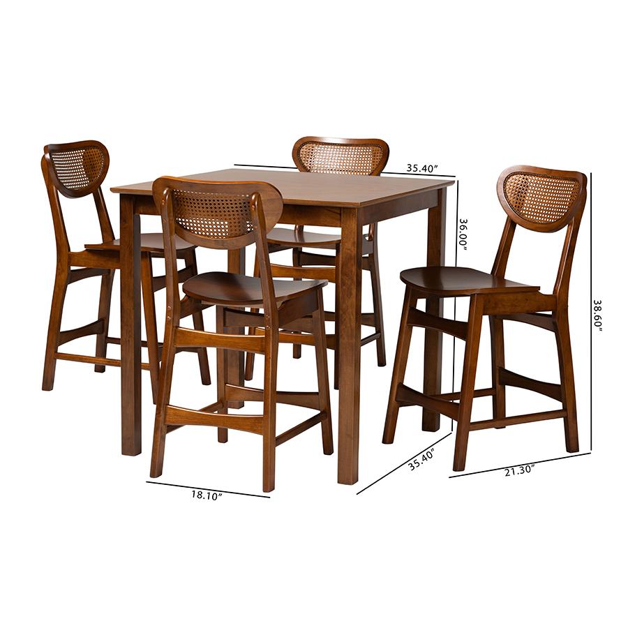 Hesper Mid-Century Modern Walnut Brown Finished Wood and Rattan 5-Piece Pub Set. Picture 10