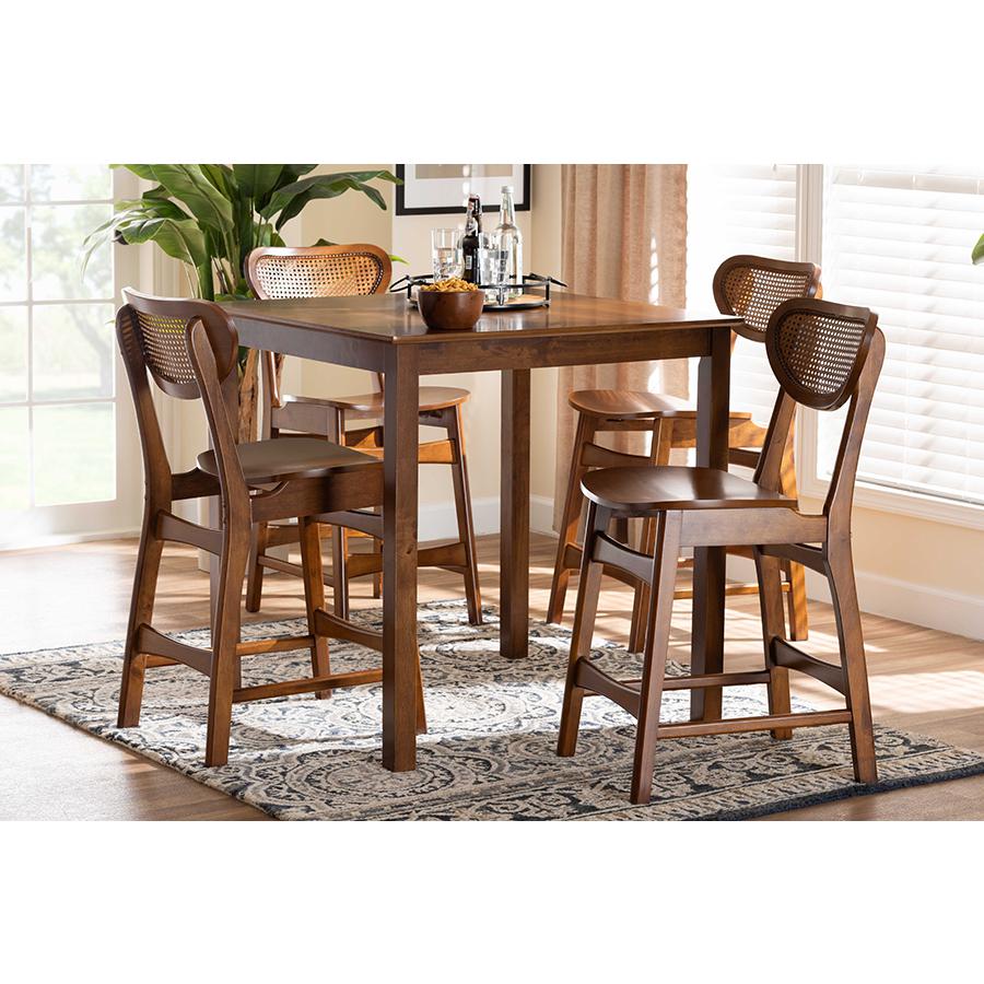 Hesper Mid-Century Modern Walnut Brown Finished Wood and Rattan 5-Piece Pub Set. Picture 8