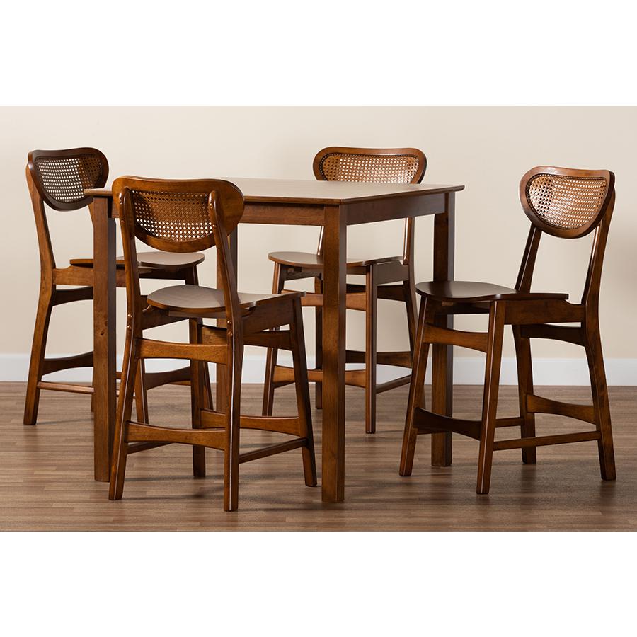 Hesper Mid-Century Modern Walnut Brown Finished Wood and Rattan 5-Piece Pub Set. Picture 9