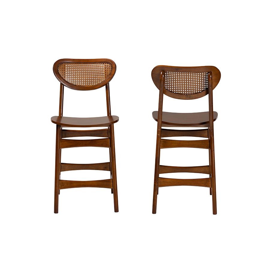 Walnut Brown Finished Wood and Rattan 2-Piece Counter Stool Set. Picture 2