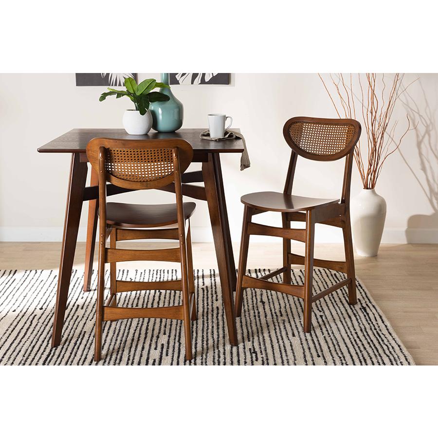 Walnut Brown Finished Wood and Rattan 2-Piece Counter Stool Set. Picture 7