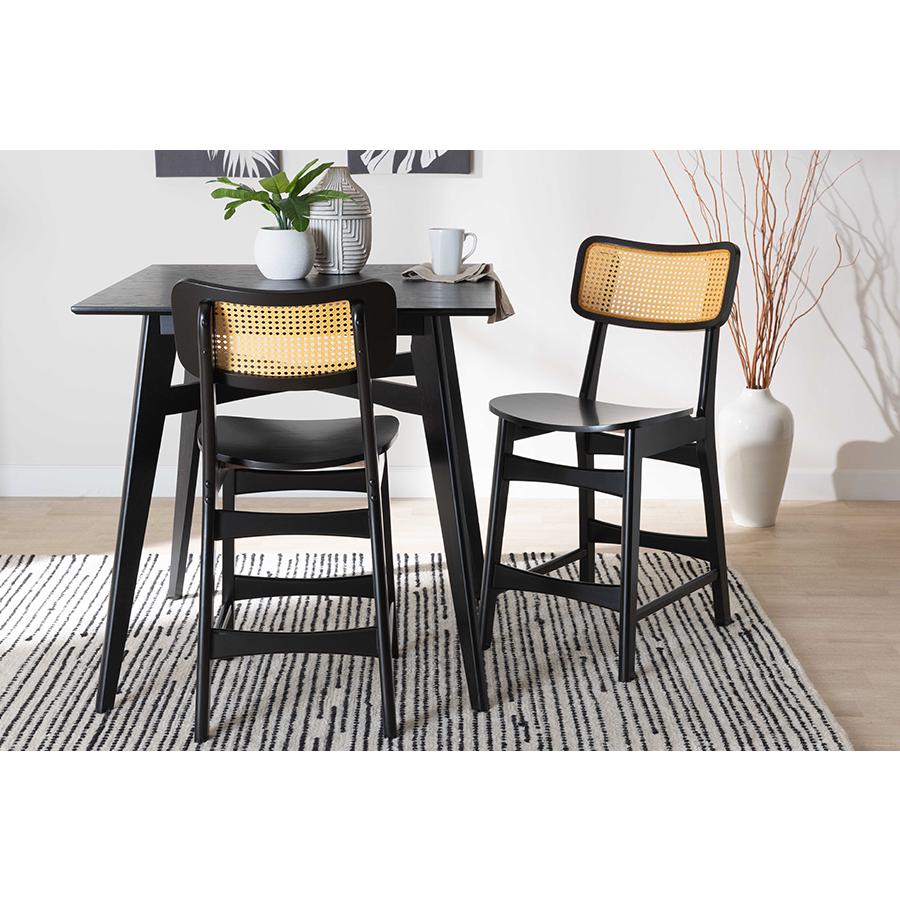 Dark Brown Finished Wood and Rattan 2-Piece Counter Stool Set. Picture 7