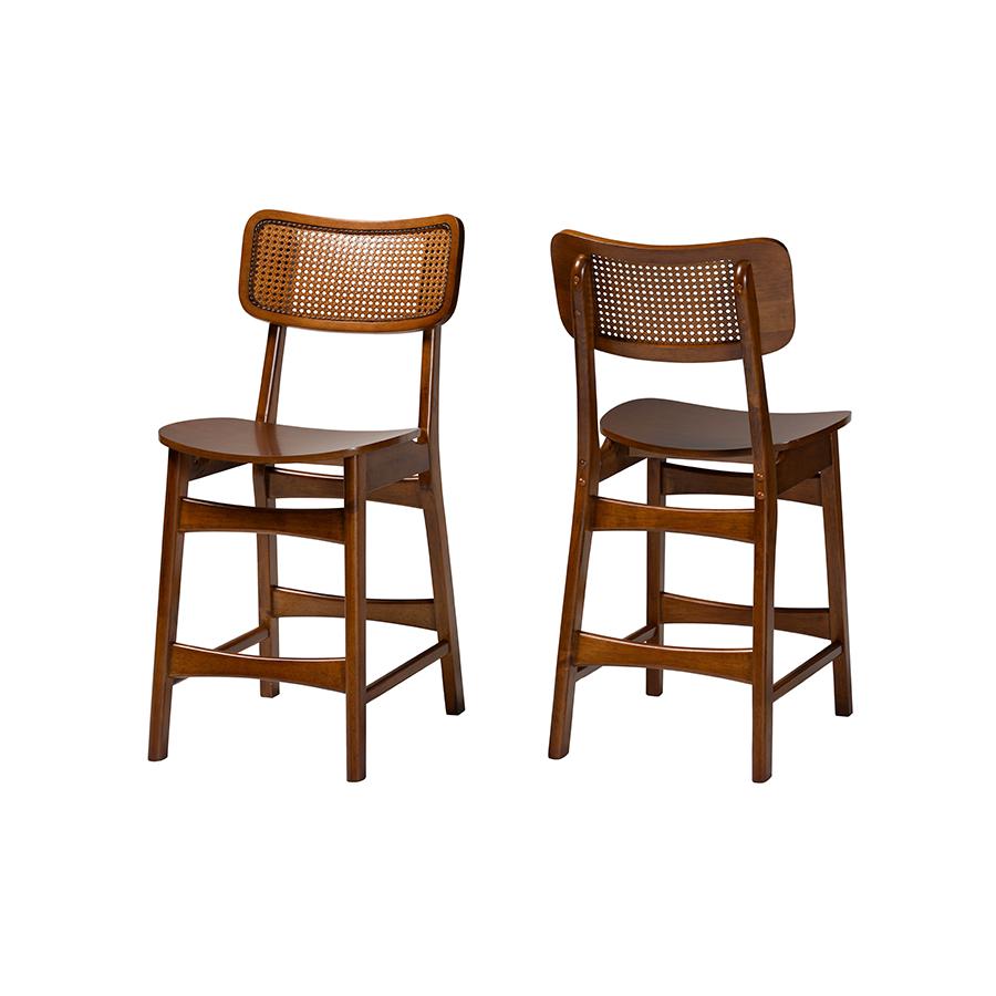 Walnut Brown Finished Wood and Rattan 2-Piece Counter Stool Set. Picture 1