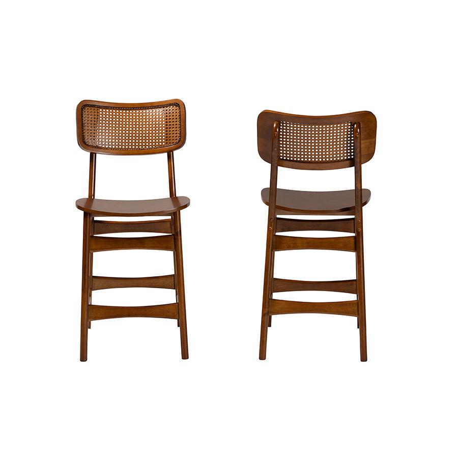 Walnut Brown Finished Wood and Rattan 2-Piece Counter Stool Set. Picture 2
