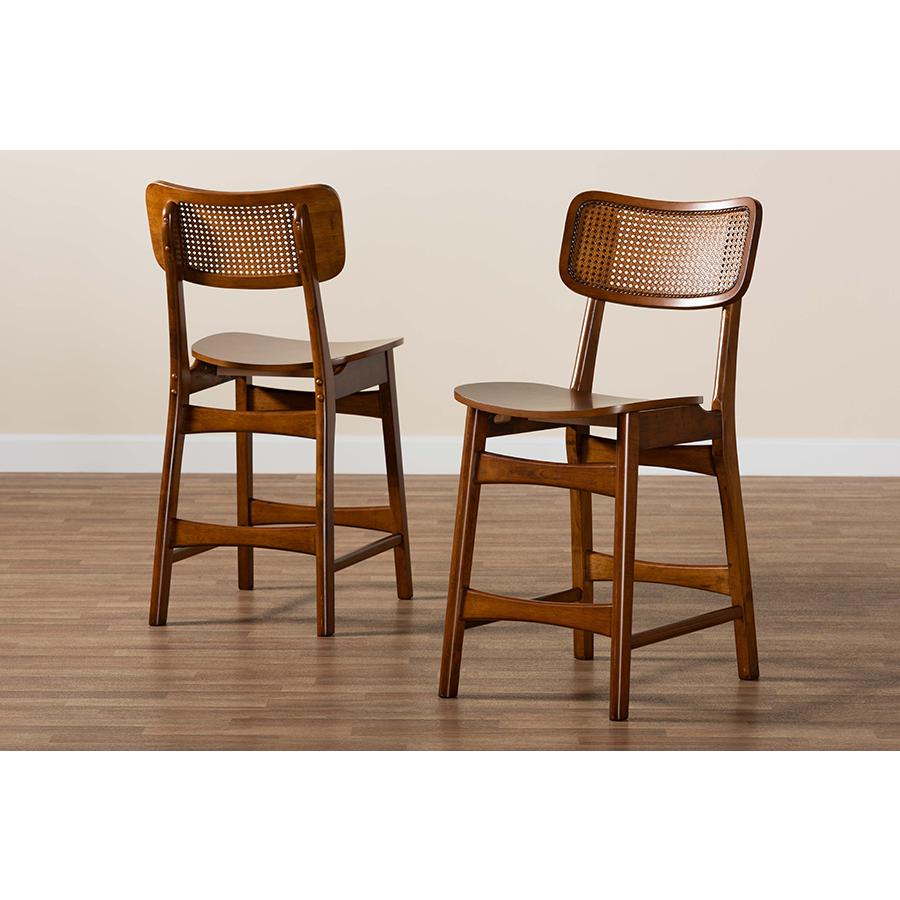 Walnut Brown Finished Wood and Rattan 2-Piece Counter Stool Set. Picture 8