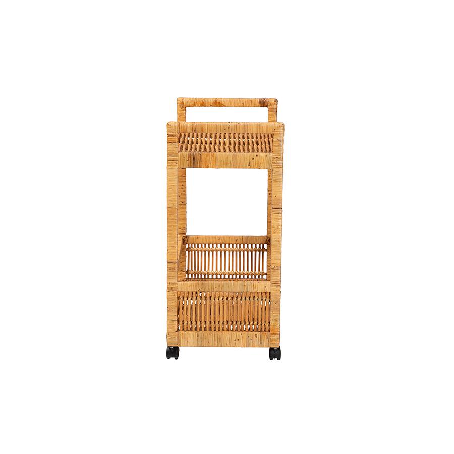 Bohemian Natural Brown Rattan and Teak Wood 2-Tier Kitchen Cart. Picture 3