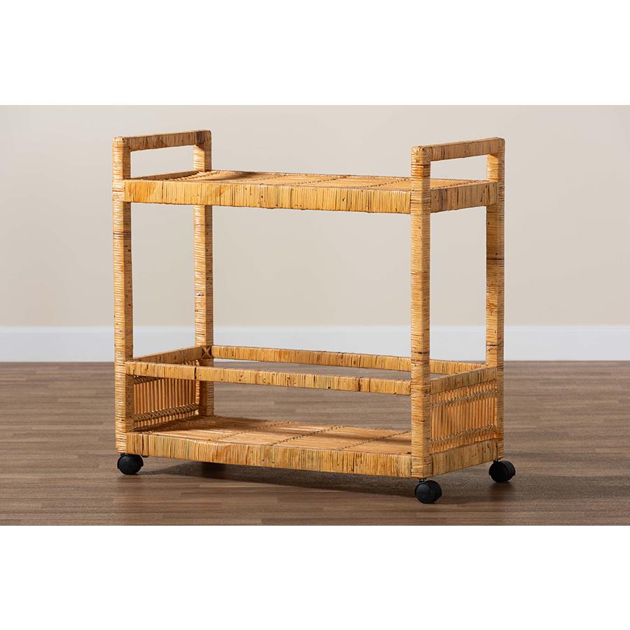 Bohemian Natural Brown Rattan and Teak Wood 2-Tier Kitchen Cart. Picture 7