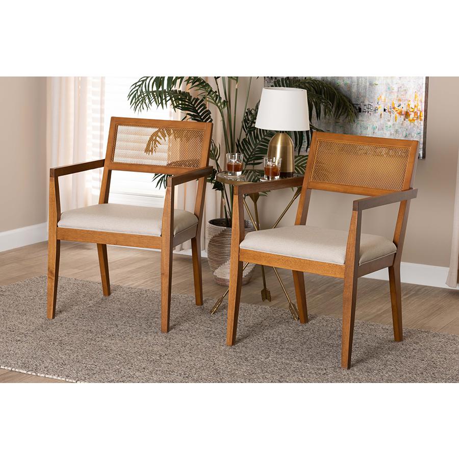 Beige Fabric and Walnut Brown Finished Wood 2-Piece Arm Chair Set. Picture 7