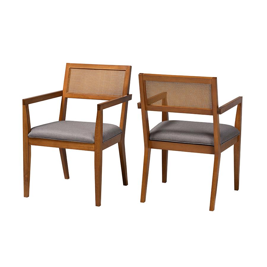 Modern Japandi Grey Fabric and Walnut Brown Finished Wood 2-Piece Arm Chair Set. Picture 1
