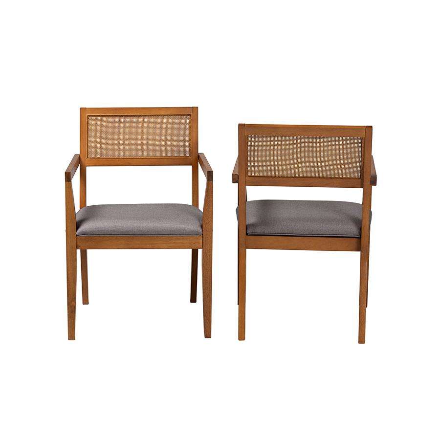 Modern Japandi Grey Fabric and Walnut Brown Finished Wood 2-Piece Arm Chair Set. Picture 2